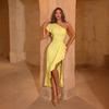 High-end Slant Shoulder Ruffle Edge Waist Dress Irregular Split Design Sense Niche Temperament Celebrity Evening Dress