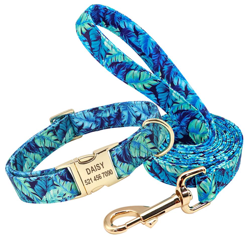 Personalized Dog Collar And Leash Set Nylon Dog Collars Floral Printed Pet Walking Leash Customized ID Tag For Medium Large Dogs