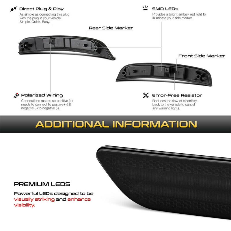 4PCS For 2015-2021 Chrysler 300 Smoked LED Side Marker Light Front Rear Lamp Double Row Lamp Bead