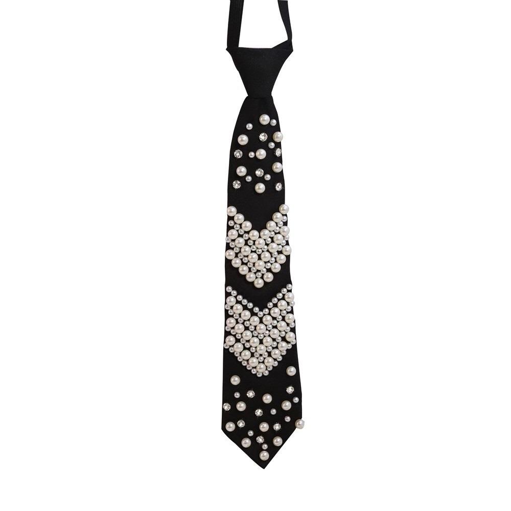 Elegant Rhinestone Pearls Tie Black Korean Style Hand-beaded Long Necktie Collares Geometric Decoration Shirt Tie Women