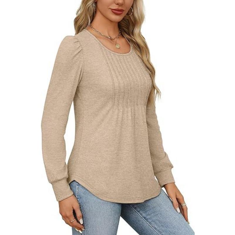 Women's Blouse Bubble Sleeve Drawstring Ruffle Round Neck Long Sleeve Top