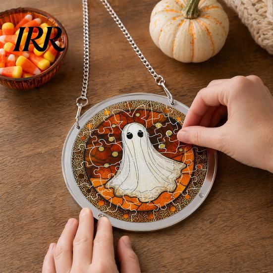 Reusable Halloween Hanging Sign Acrylic Puzzle Decor, 2D Ghost Pumpkin Skeleton Sign, Faux Window Decal Stained Glass Spooky for Party Home
