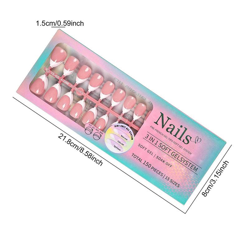 150Pcs/Boxed French Gel Tips Press On Nails Almond Nails 15 Sizes Pre-Applied Fake Nails For Manicure Extension