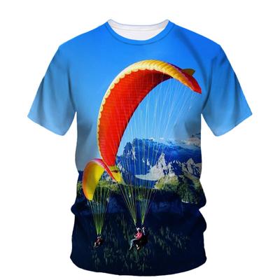 Camiseta de paraquedas parapente com estampa 3D da tendência para homens, camiseta de rua da moda de verão, gola redonda clássica, tamanho grande, manga curta