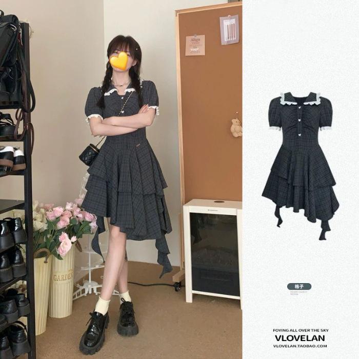 Summer Korean temperament doll collar plaid dress sweet gentle wind waist thin trailing cake dress S