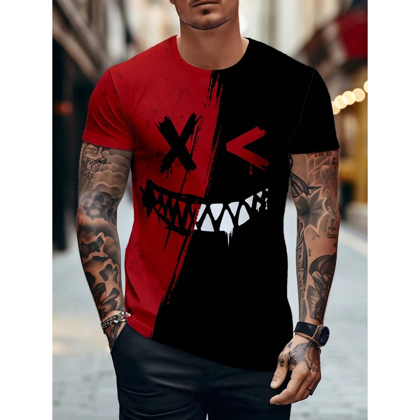 

Summer Round Neck 3D Graffiti Style Skull Graphic Print Top Fashionable Casual Short Sleeved Men s T-shirts 6XL