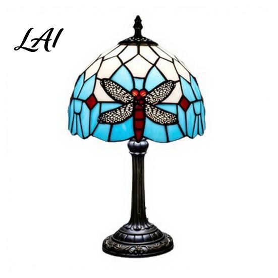Stained Glass Table Lamp Tiffany Dragonfly Lamp Vintage Blue Bedside Night Light Artistic Home Decor Light Decorative Atmosphere for Bedroom Living
