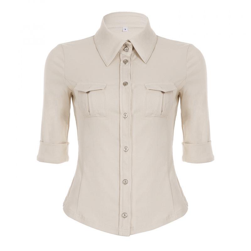 European & American Street Style Women s Lapel Workwear Shirt with Waistline Slimming Design Medium