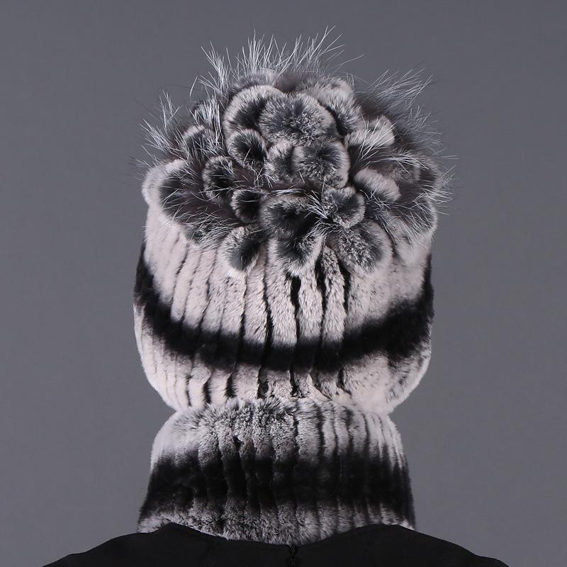 Women's New Rex Rabbit Short Dye Plus Black Fox Hair Hat Scarf Two-piece Set, Winter Warm Woven Fur Hat