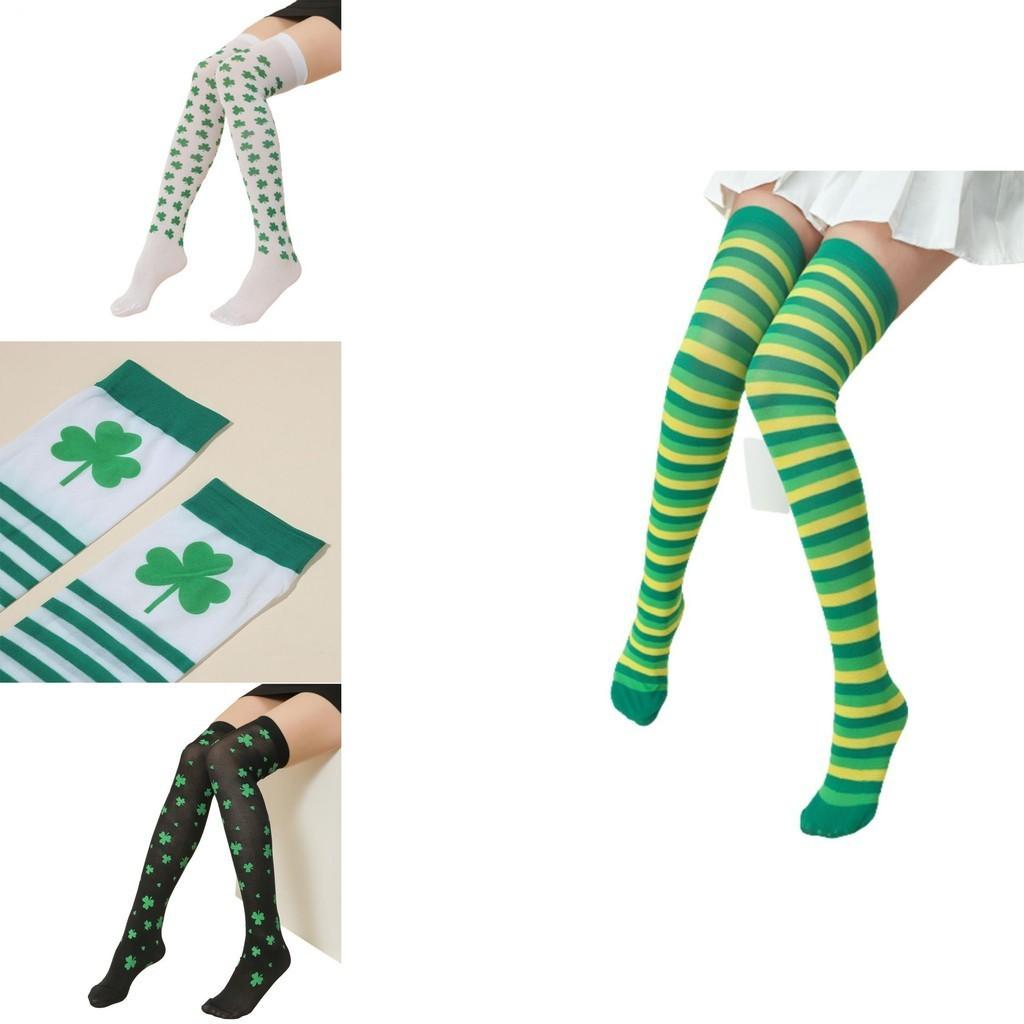Women St. Patrick's Day Thigh High Striped Shamrock Socks Over Knee Stockings