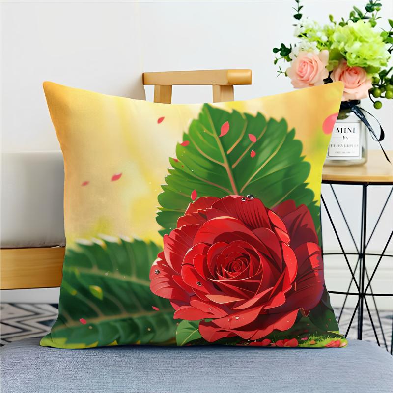 Cartoon Style Rose Pillowcase Dormitory Decoration Office Living Room Home Pillowcase