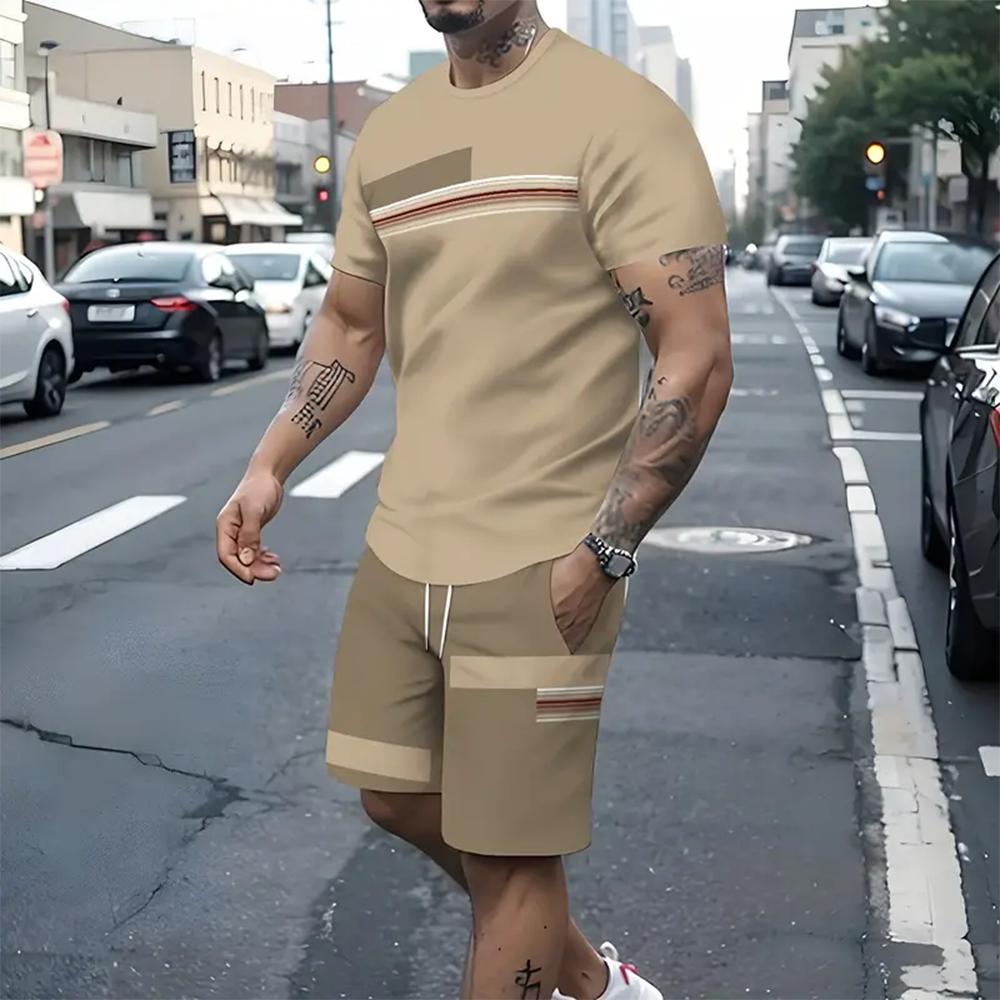 2 Piece Suits Men's Casual Pattern Printed Short Sleeve T Shirt And Track Shorts Set Holiday Lounge Beach Sports Suit Fitness