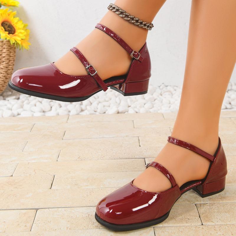Round Toe Patent Leather Chunky Mid Heel One Strap Women Mary Jane Shoes