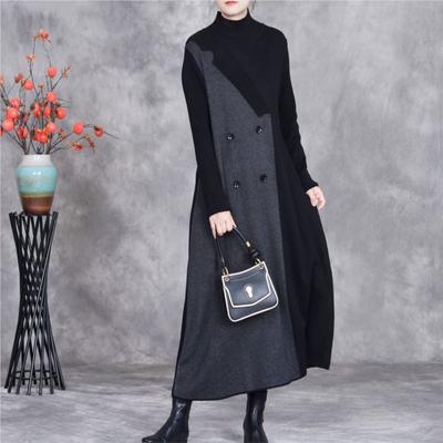 Woman Winter Neck Long Sleeves Knit Dress Niche Contrast Devise Fashion Personality Dress
