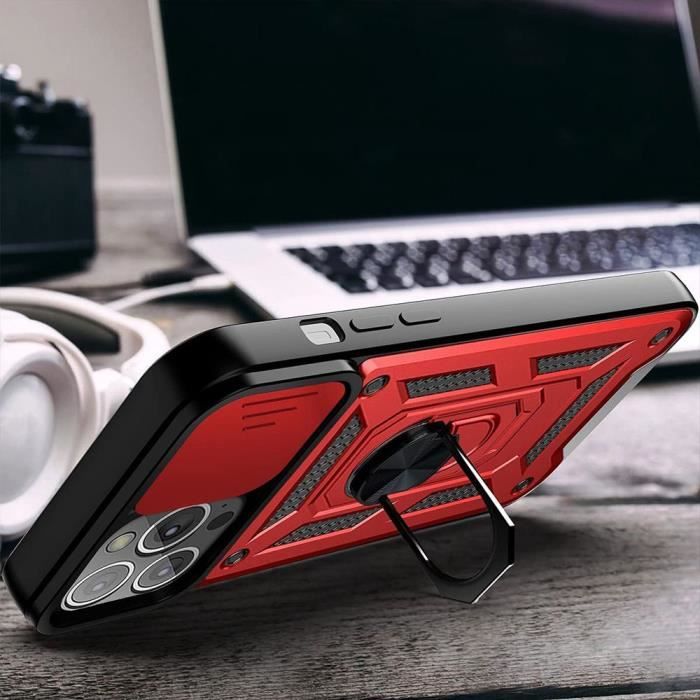Coque de téléphone - Rouge - iPhone 13 Pro Max - Antichoc - Support rotatif - 2 Vitres en verre trempé