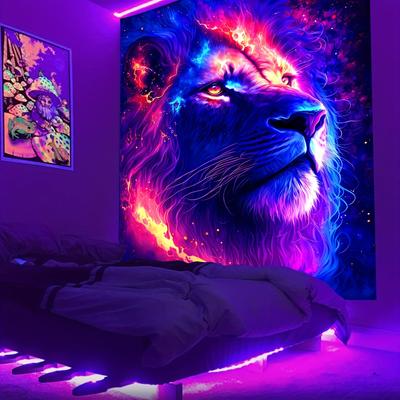 Lion Animal Fluorescent Tapestry Colorful Aesthetic Polyster UV Blacklight Tapestry, Wall Hanging For Living Room Bedroom Office Home Decor