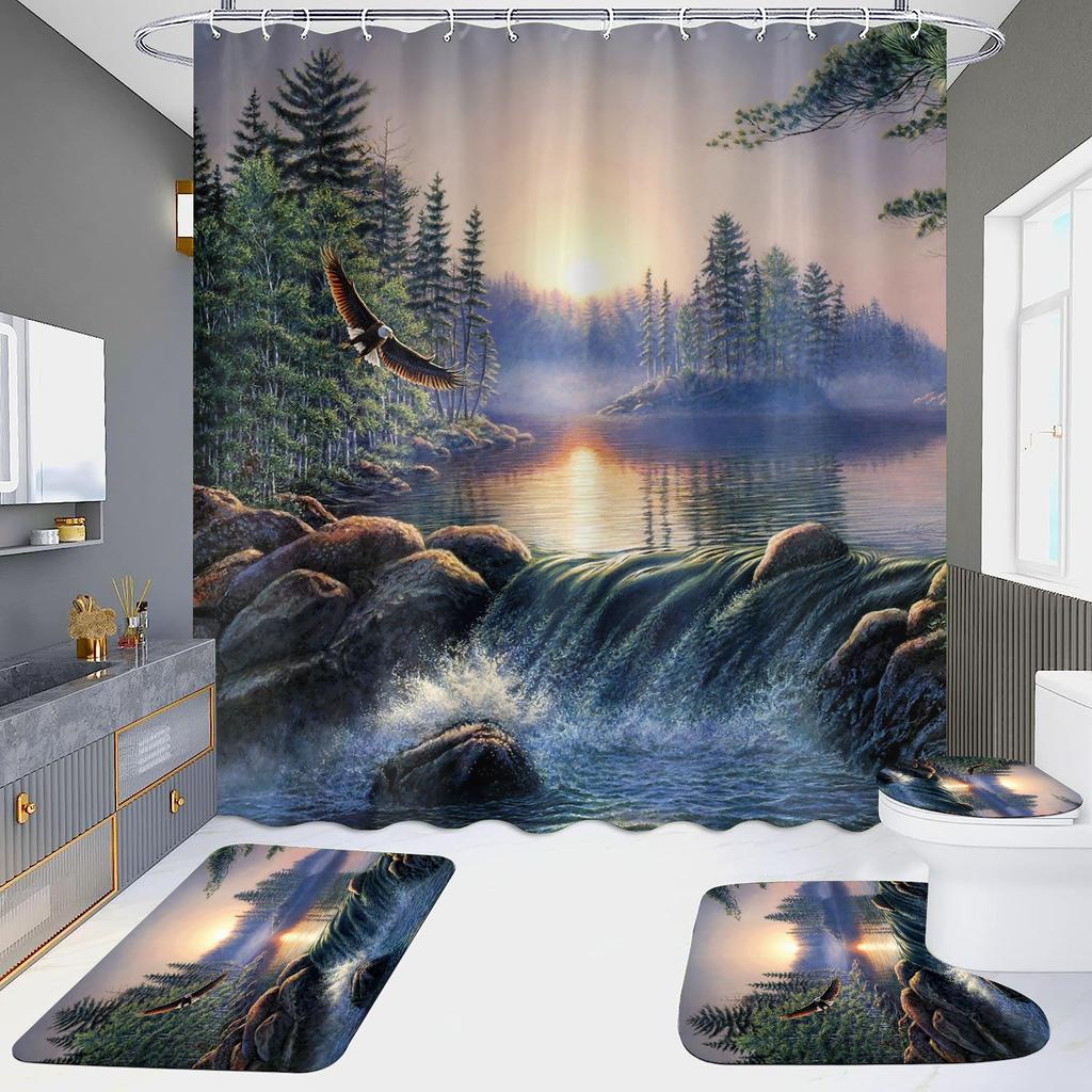 High Definition Digital Printing Shower Curtain Four-Piece Set Of Non-Punching Bathroom Bathroom Bathroom Partition Curtain Landscape