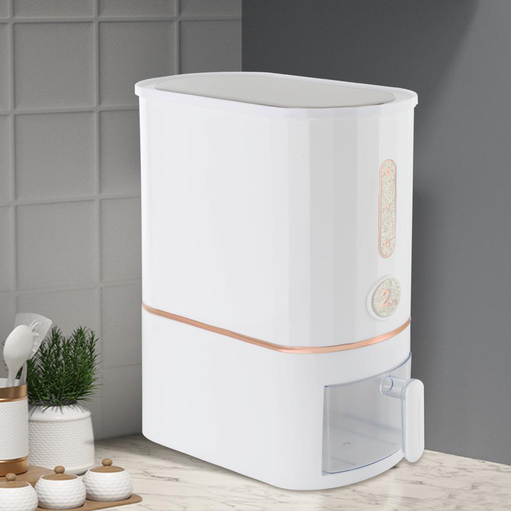 10KG Large Rice Dispenser with Measuring Cup, White Dry Food Storage Container for Kitchen, Pantry Organization, Flour, Cereal