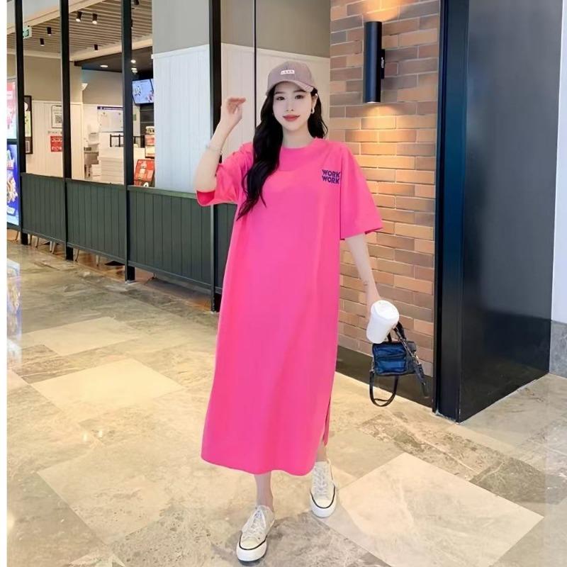 Summer's New Fashionable Mid-length Large-sized Slit Printed T-shirt and Long Over-the-knee Dress