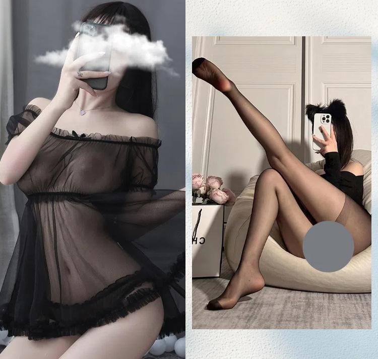 New sexy underwear perspective princess suit one-word shoulder mesh skirt seduces girl transparent milk leakage nightdress