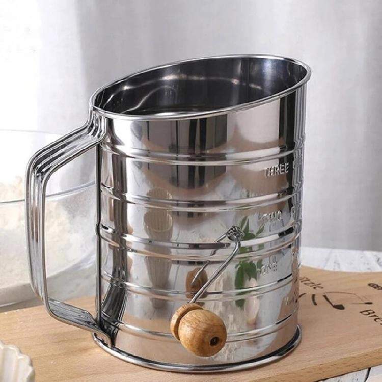 Commercial Grade Flour Sifter with Double Rings 3 Cup Ergonomic Hand Crank Large Capacity Flour Strainer