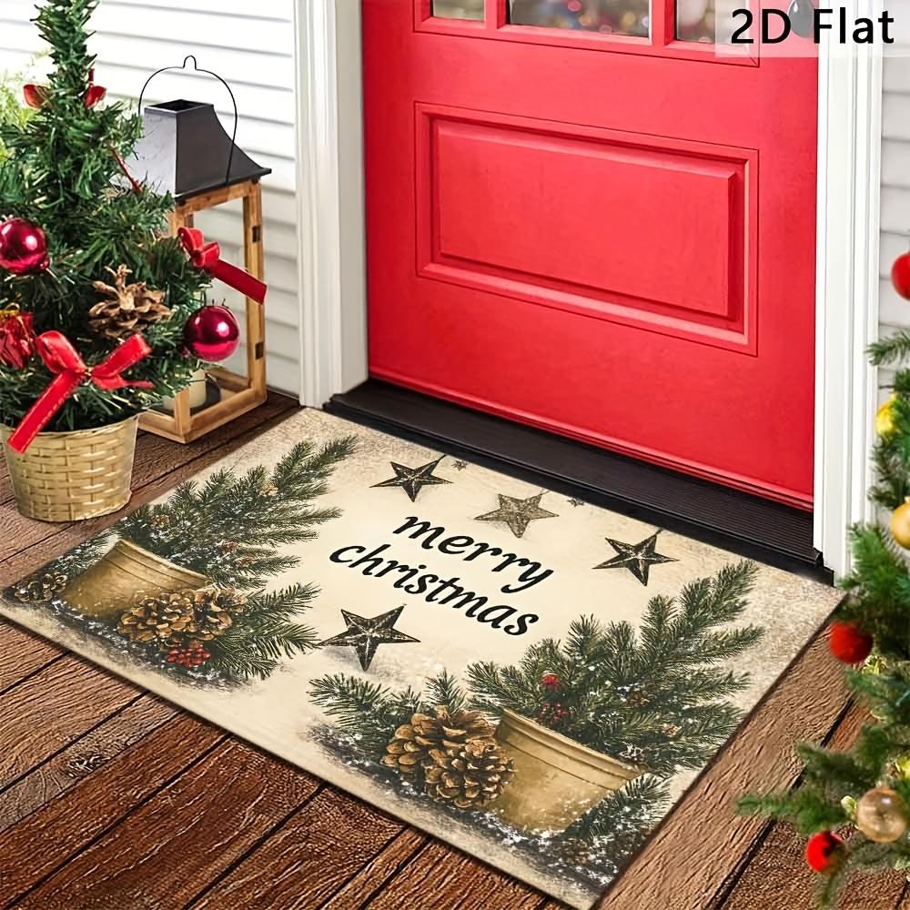 Merry Christmas Candy Cane Holly Bow Snow Scene Design Anti Slip Home Entrance Doormat For Holiday Front Porch Decor