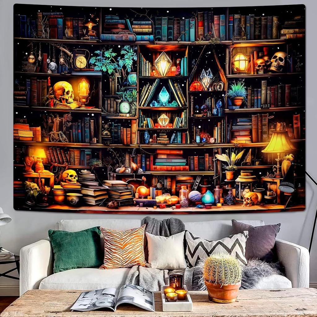 Study tapestry Invisible Bookshelf Vintage Book Tapestry Gothic Skull Retro Library Wall Hanging for Bedroom Dorm Home Decor