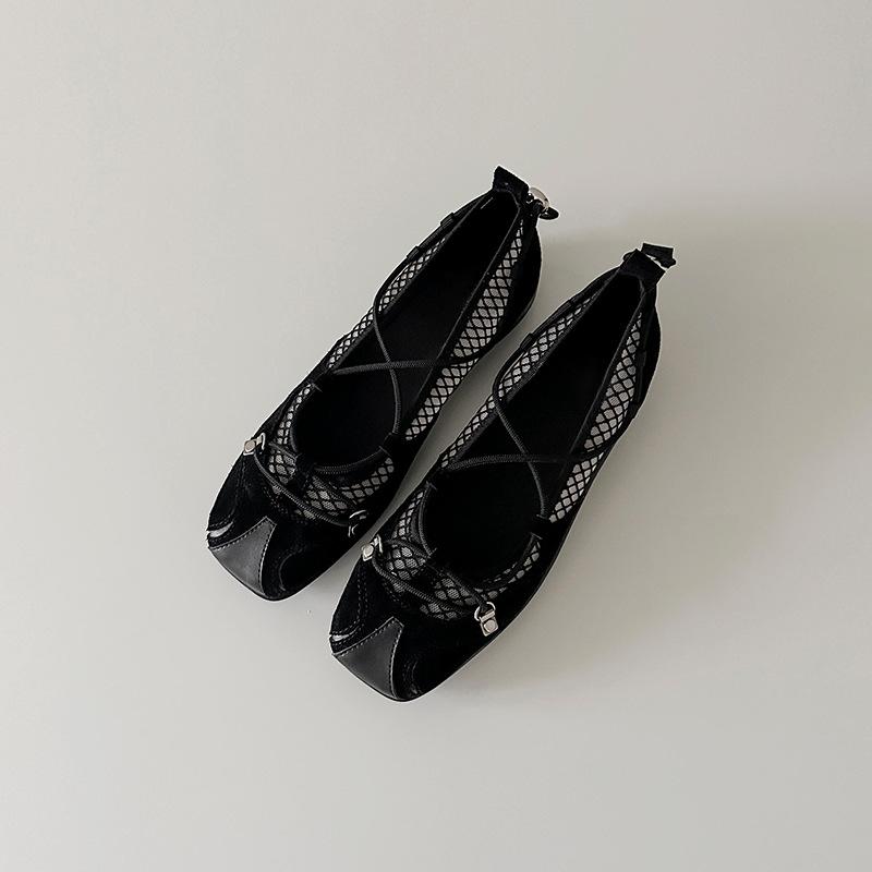 

Cowhide version~ Square head retro mesh yarn functional style Mary Jane shoes versatile cross-strap ballet shoes platform casual shoes 40 чёрный