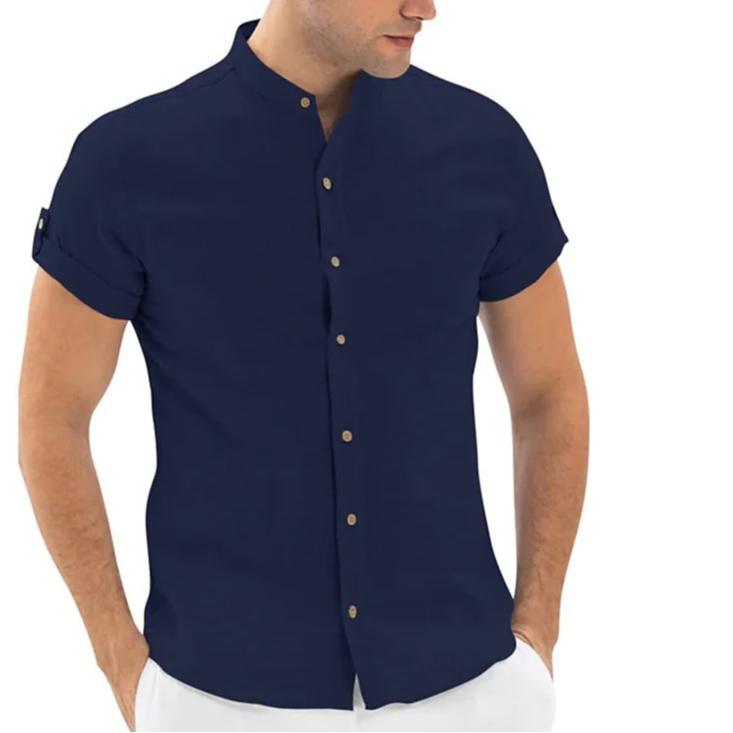 

Мужской кардиган с воротником-стойкой и коротким рукавом, повседневные хлопковые и льняные мужские дышащие топы XXL темно-синий