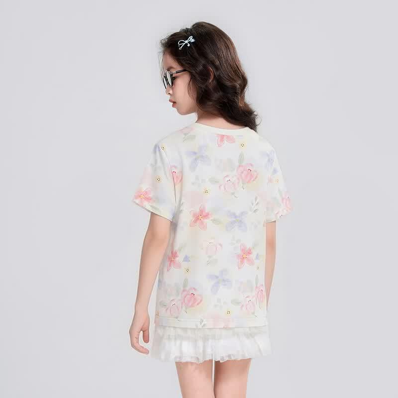 Girl's Floral Print Short Sleeve T-Shirt
