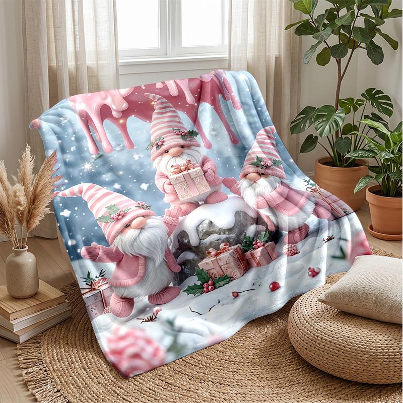 Pink Candy Christmas Gnomes Theme Blanket Lightweight Warm Flannel Blanket Decorative Throw Blanket for Home Decoration