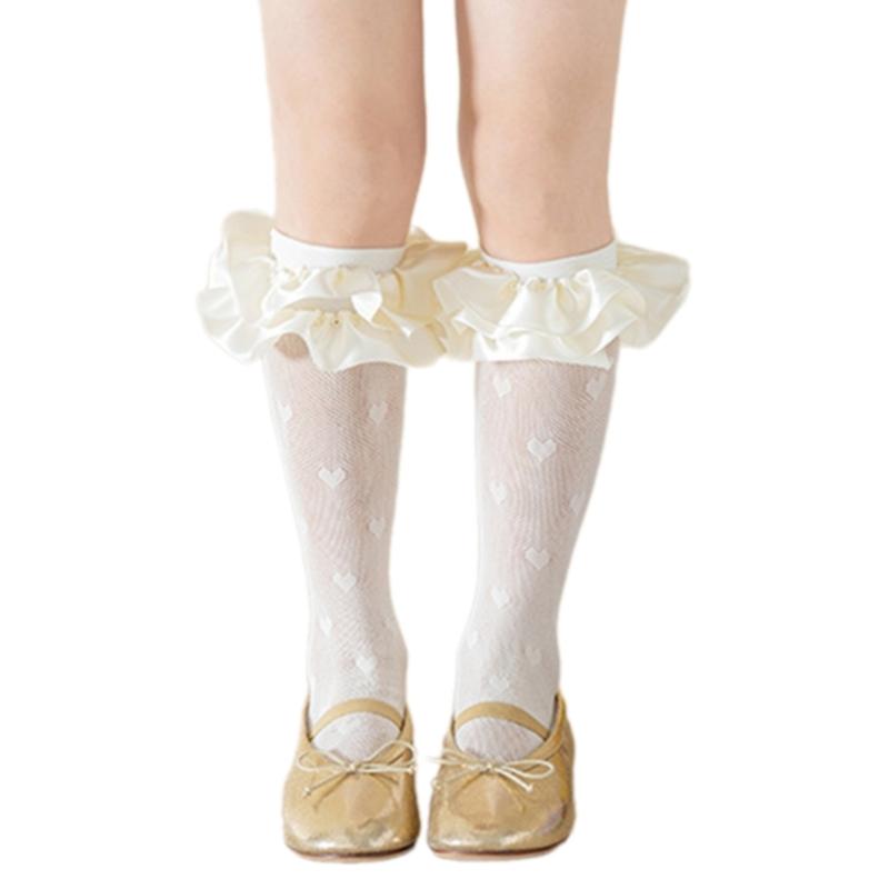 

Girls Breathable Under Knee Socks Cotton Lace Trimmed Dress Socks with Decorative Love Heart for Baby Daily Wear бежевый