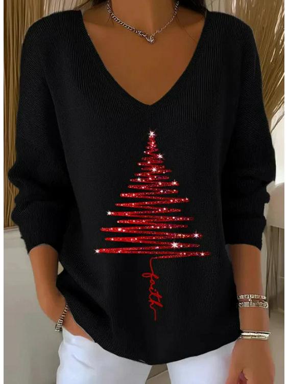 2025 3D Print V-Neck Drop Shoulder Christmas Pullover for Women
