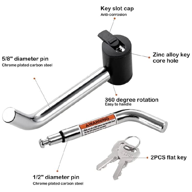 Strong 5/8 And 1/2 Inch Trailer Safety Receiver Lock With Ergonomic Key For Easy Installation On Vehicles Motorhome Boat