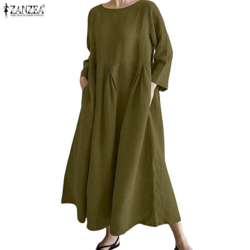

ZANZEA Женское повседневное платье с круглым вырезом, рукавом три четверти, свободного кроя, длинное 5XL зелёный