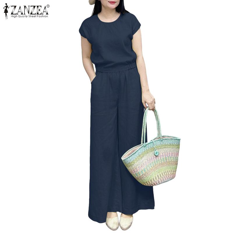 ZANZEA Women Short Sleeve Blouse and Pants Casual Two Piece Suit Sets