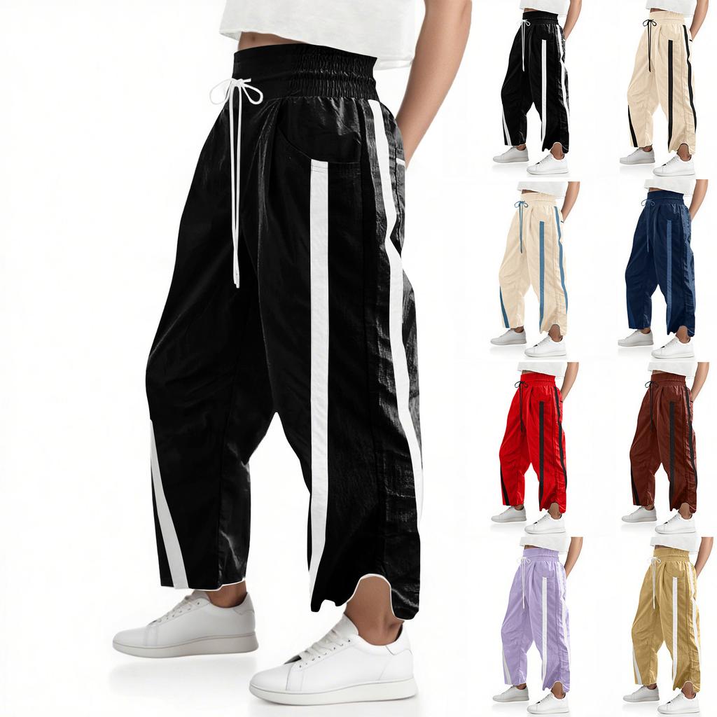 Women's Baggy Wide Leg Pants Casual Drawstring Elastic Waisted Contrast Color Workout Track Pants