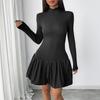 Autumn Winter Casual Slim Black Elasticity Puffy Dresses Simple Elegant A-line Turtleneck Long-sleeve Solid Mini Dress Female