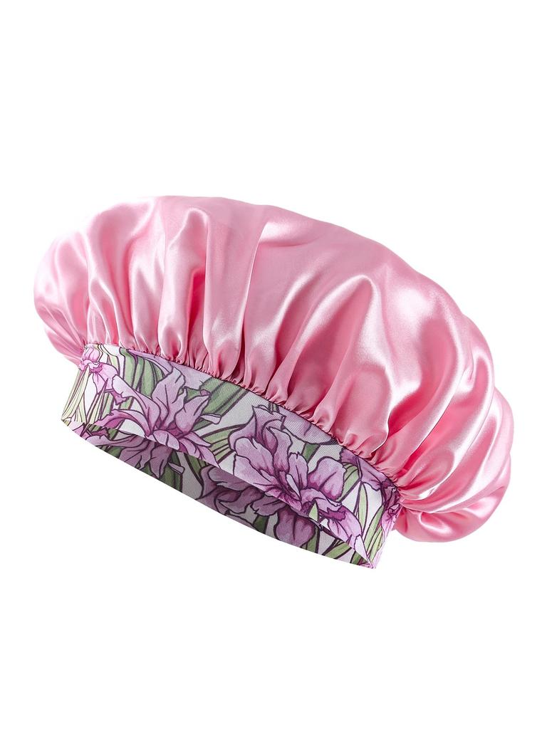 Women'S Fashion Bonnet Flower Printed Hair Hat With Wide Edge Elastic Silk Smooth Satin Face For Daily Home Sleep Hat