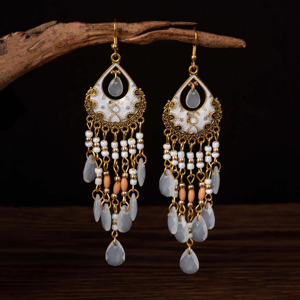 Bohemian Crystal Tassel Earrings - Vintage Ethnic Style Long Dangle for Women