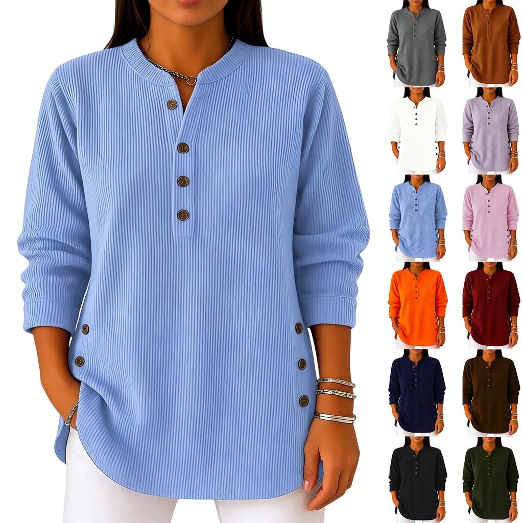Women's Corduroy V-Neck Long Sleeve Button Front Shirt Casual Loose Fit Color Top