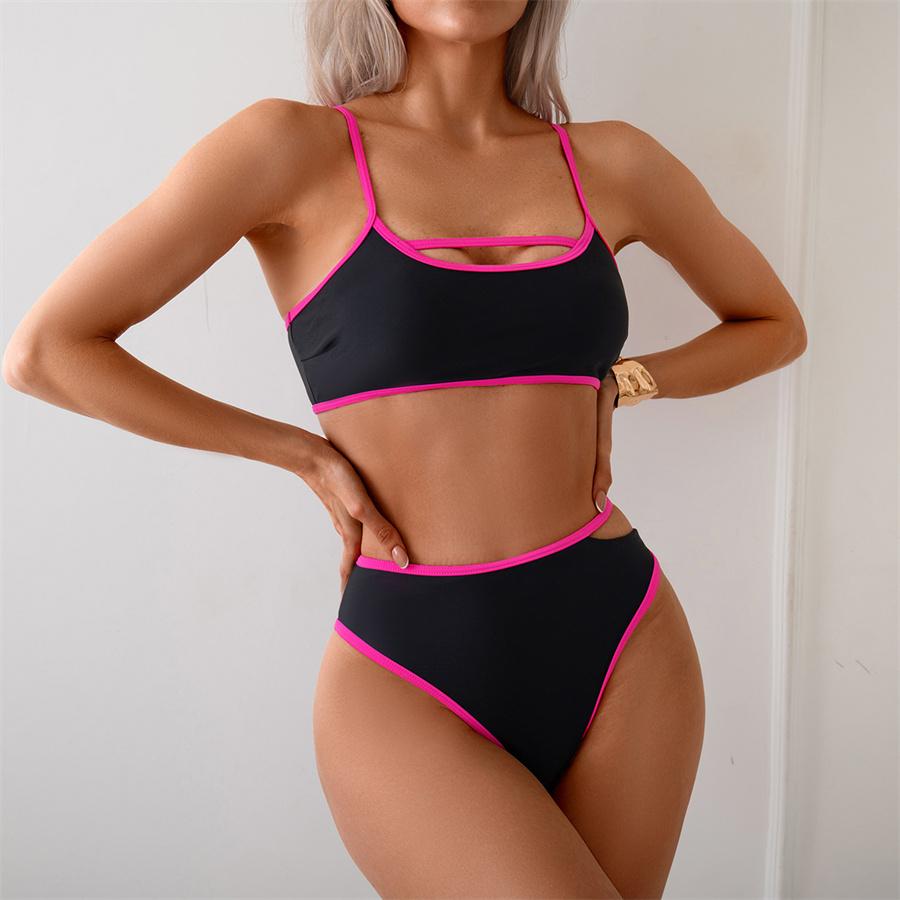 Módní dámský bikiny set středního pasu Dvoudílný plavky Color Block Podprsenka a šortky Plavky s vycpávkou na hrudi Surfing Dovolená