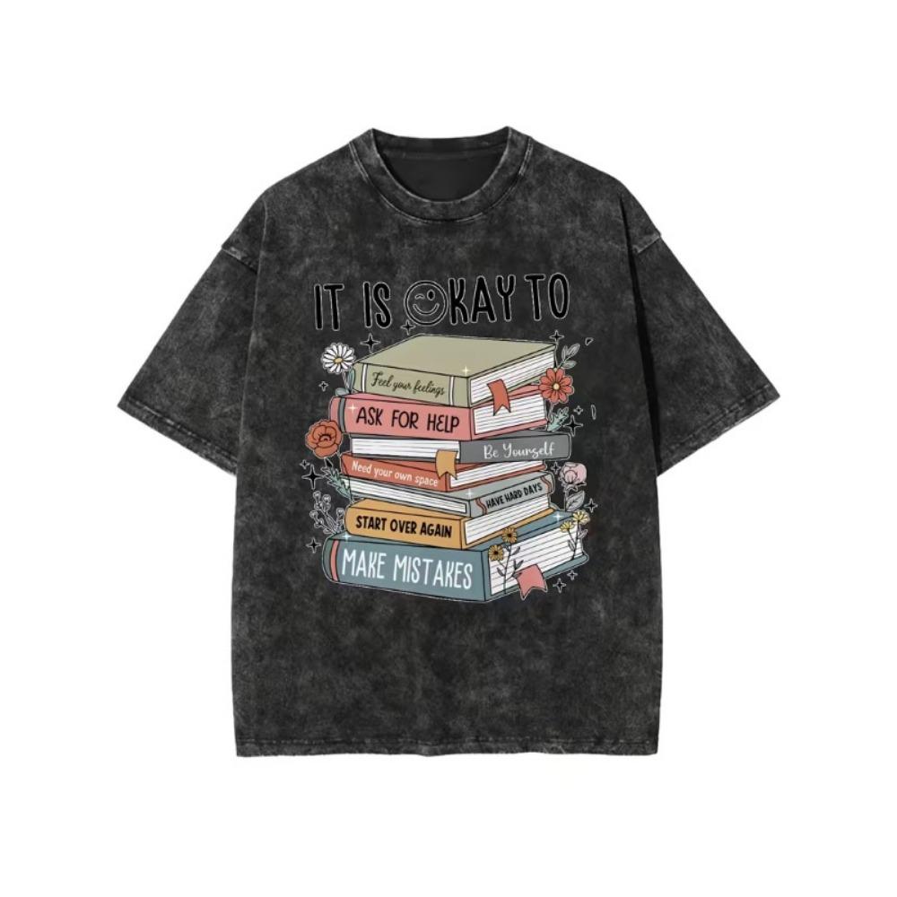 Illustration Cartoon Kaninchen Bücherstapel Druck T-Shirt Vintage Oversized Rundhalsausschnitt Kurzarm für Herren Damen Täglich