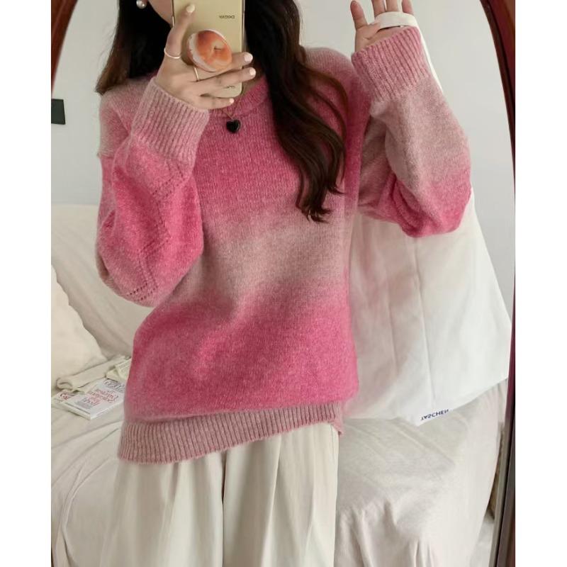 Gradual change color sweater women's autumn and winter new sweet loose lazy style advanced color matching knitted sweater