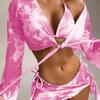 Women's Sexy Bikini Set 4 Pieces Swimwear Set Padded Halter Backless Top Tie Side Thong Beach Cover-ups Swimsuit Gradient Color Bathing Suit