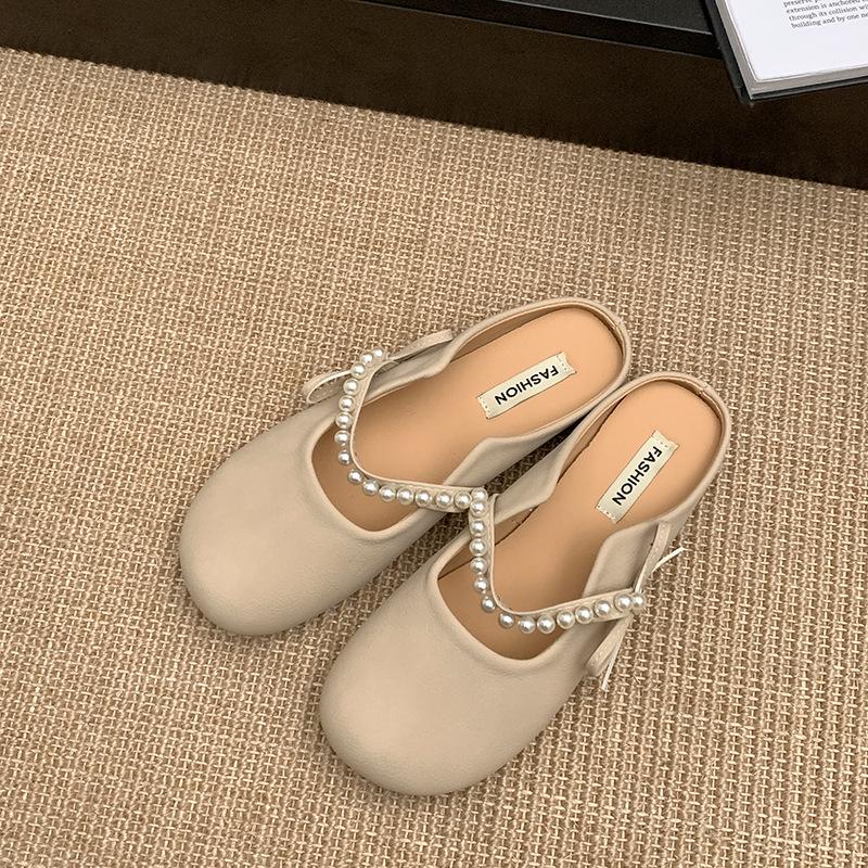 

Легкие тапочки-мешки на плоской подошве в стиле ретро во французском стиле с жемчугом, женские, новинка 2025 года, летняя верхняя одежда, нескользящие универсальные полутапочки 35 бежевый