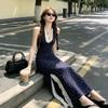 French floral suspender dress women's summer new neck blue long dress vacation style lace long skirt