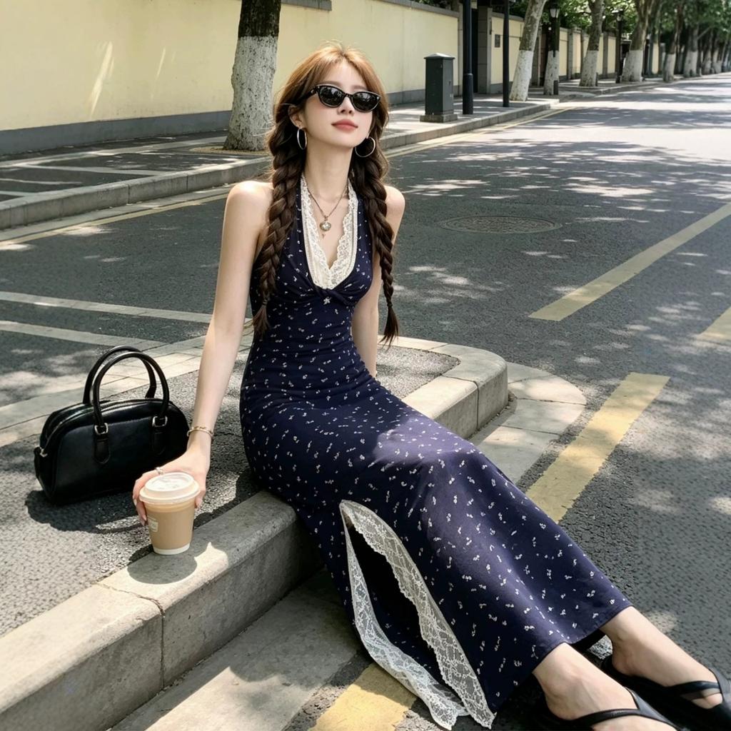 French floral suspender dress women's summer new neck blue long dress vacation style lace long skirt