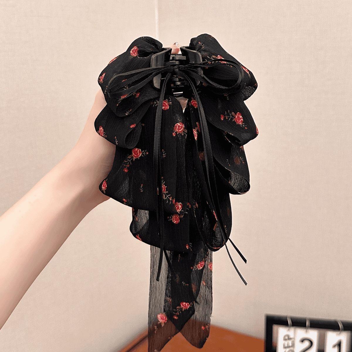 

Большая летняя заколка-краб с кружевным краем и бантом - Многослойный дизайн с перьями