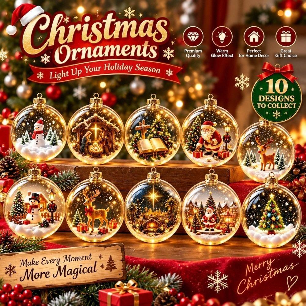 Transparent Lighted Christmas Ball Ornament Acrylic Golden Top Cap Christmas Bauble Ornament Hanging LED Lighted